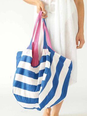Mersea Gemini Reversible Beach Bag Tote - Blue / White Stripe & Pink